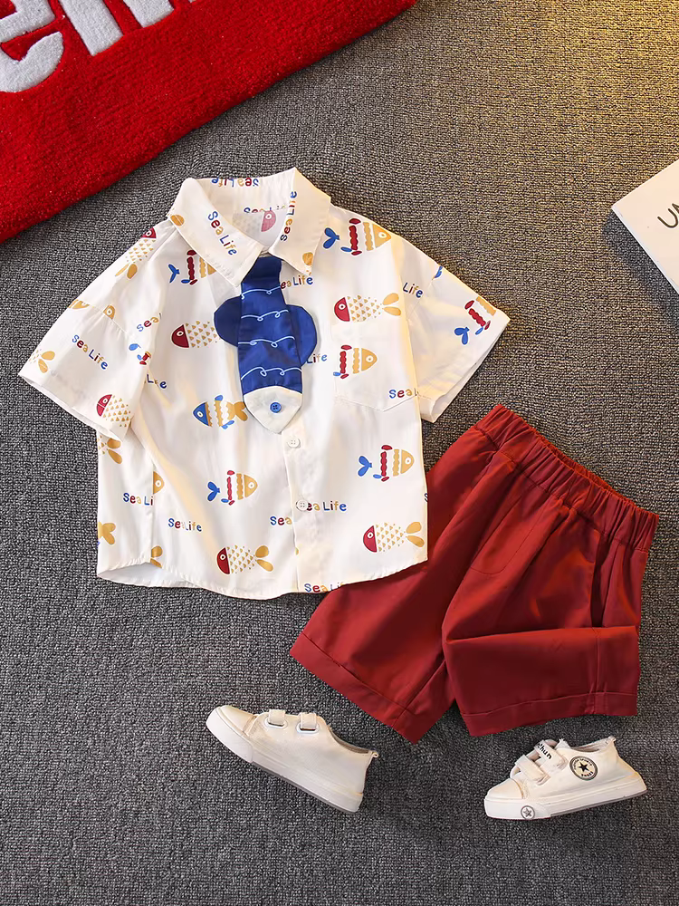 Bộ trang phục mùa hè cho bé trai 2025, quần áo trẻ em mới, kiểu dáng mùa hè ngắn tay, mát mẻ và lịch lãm, bộ áo sơ mi mùa hè cho bé trai hợp thời trang