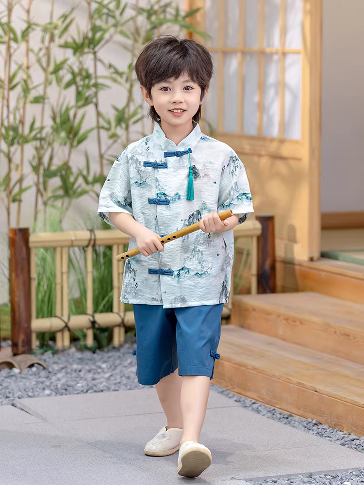 Bộ trang phục mùa hè Hanfu cho bé trai năm 2025 kiểu mới, phong cách quý ông nhỏ, kiểu Trung Hoa, đồ Tang, chất liệu mỏng, kiểu Trung Hoa mới, trang phục lễ phục cho bé