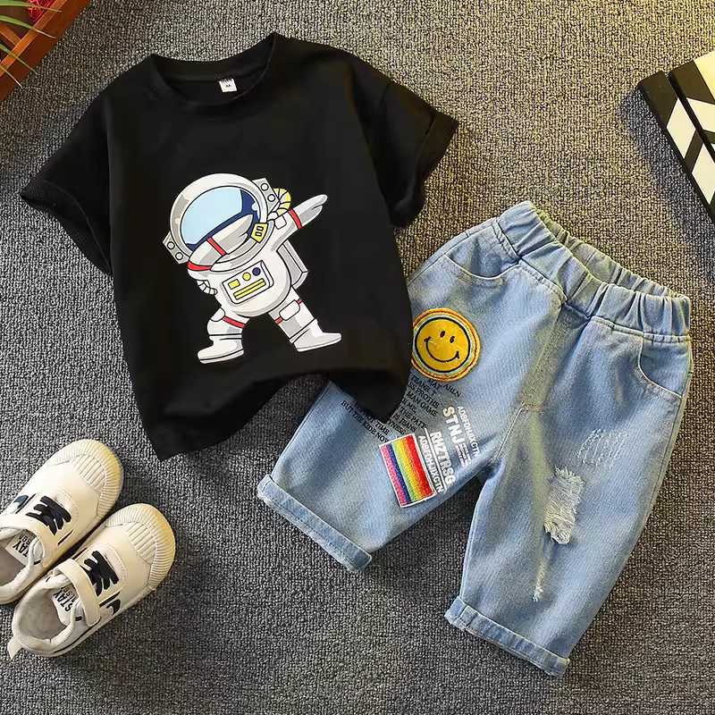 Trang phục mùa hè cho bé trai 2025, kiểu dáng mới thời trang, quần áo thể thao trẻ em hợp xu hướng, quần áo mùa hè phong cách đường phố cho trẻ em, áo ngắn tay mùa hè