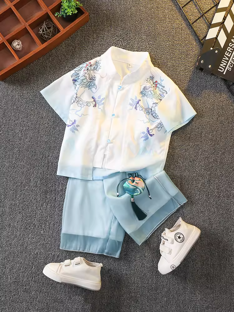 Hanfu cho bé trai, trang phục truyền thống kiểu Trung Hoa cho trẻ em, trang phục lễ nghi một tuổi theo phong cách cổ xưa mùa hè, trang phục truyền thống Trung Quốc, bộ đồ Tang mỏng cho trẻ sơ sinh.