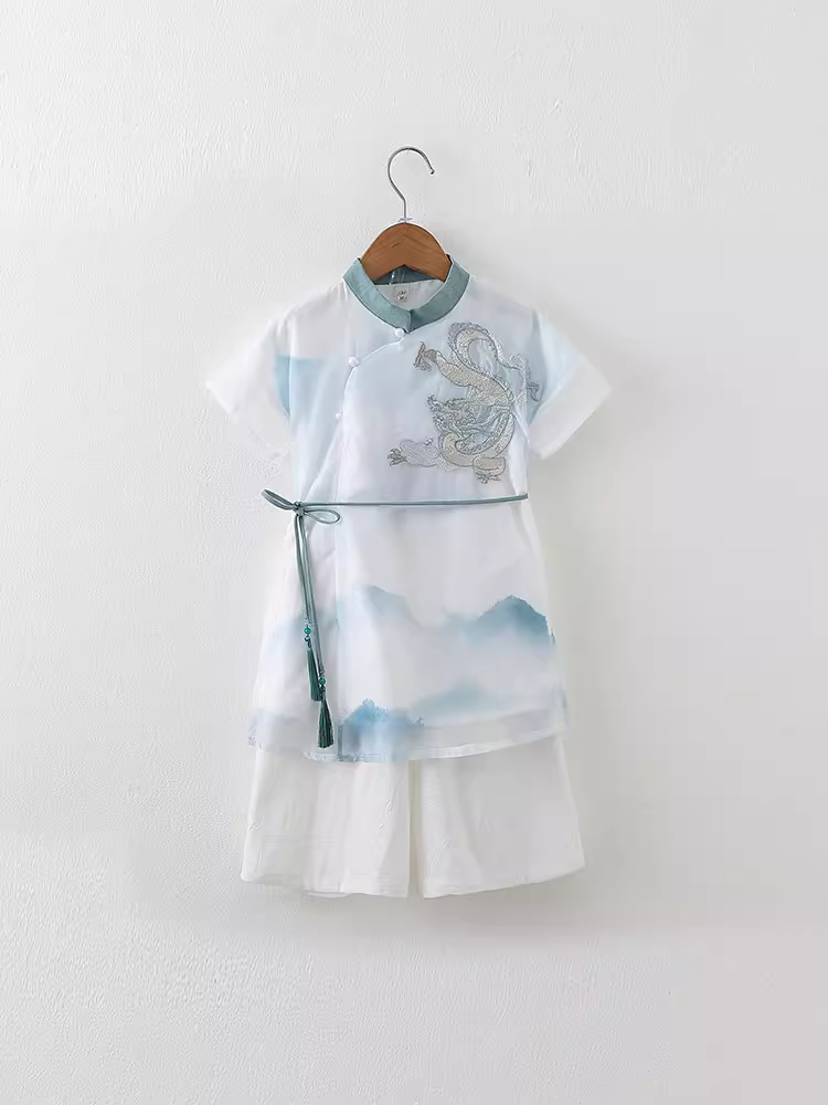 Áo Hanfu mùa hè cho bé trai, phong cách dân tộc cao cấp, kiểu cổ điển mới năm 2025, đẹp trai, kiểu Tang phục, áo Tang phục mùa hè mỏng cho bé trai