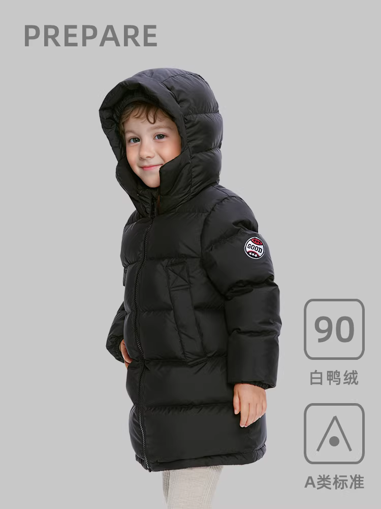 Áo khoác lông vũ dài trung bình cho bé trai, áo khoác dày mùa đông 2025 mới, kiểu dáng dài, trang phục mùa đông màu đen thời trang cho trẻ em.