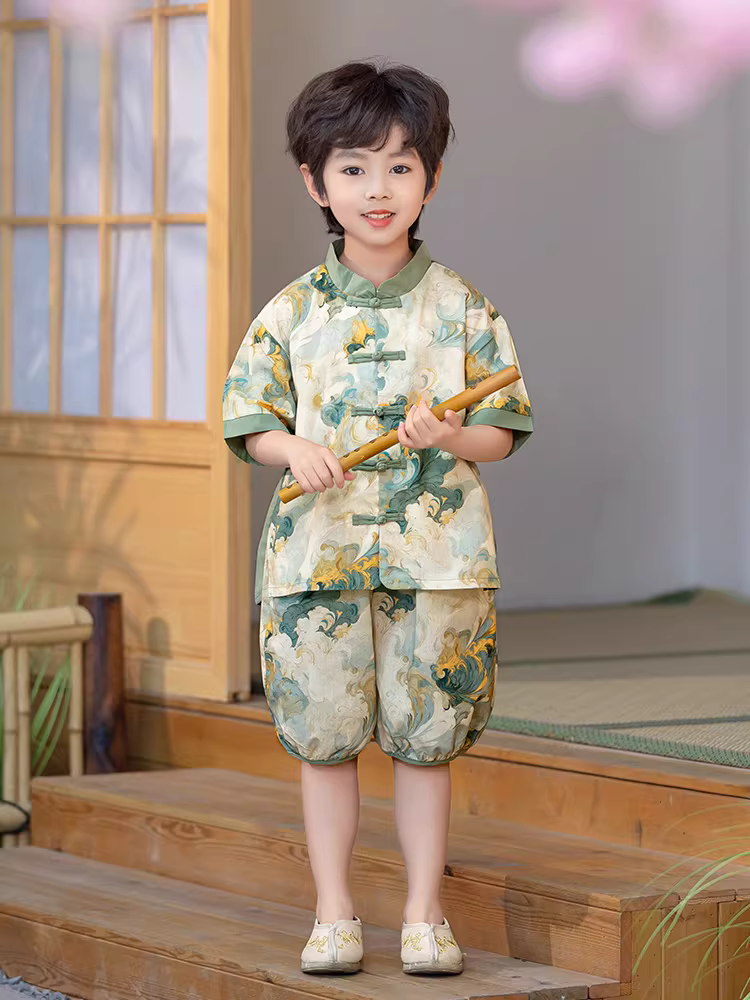 Bộ đồ Hanfu kiểu Trung Quốc mới cho bé trai, bộ đồ mùa hè kiểu Đường, chất liệu mỏng, tay ngắn, kiểu Trung Quốc, mẫu mới 2025