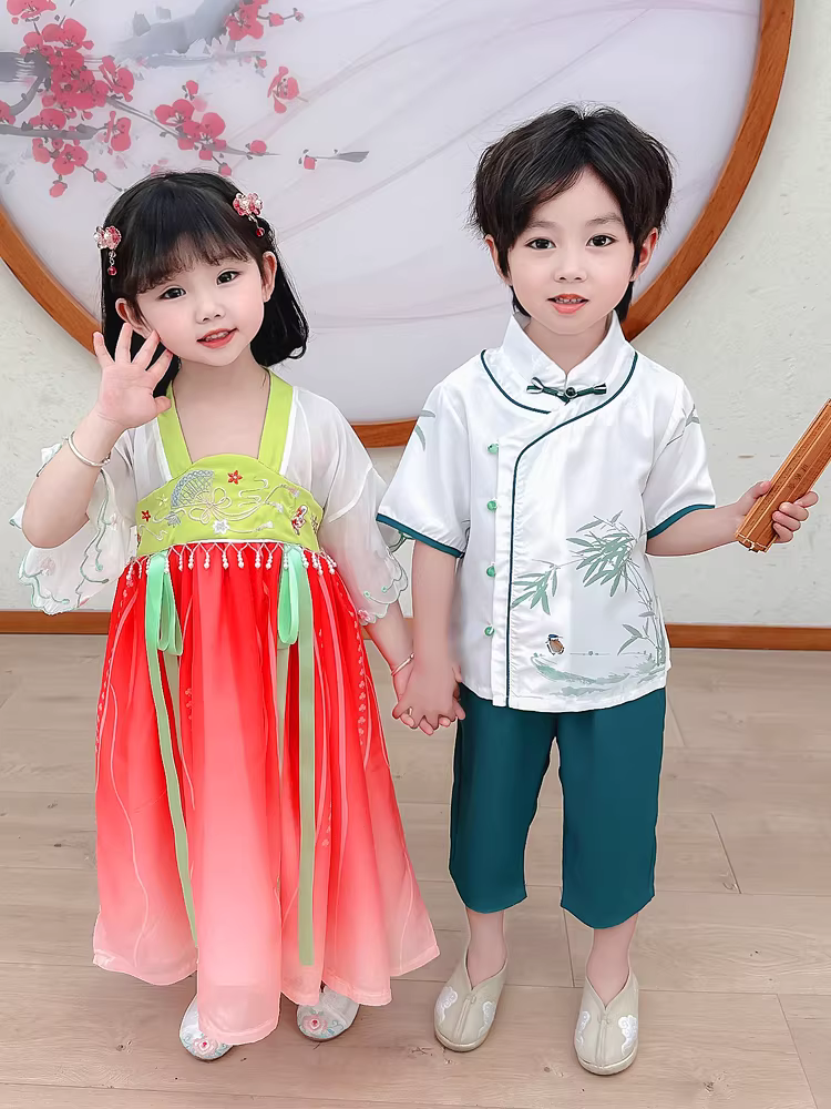 Trang phục truyền thống kiểu Trung Quốc dành cho bé trai, trang phục Tang kiểu Trung Quốc dành cho bé gái, quần áo mùa hè mới cho bé năm 2025, trang phục biểu diễn theo phong cách cổ xưa.