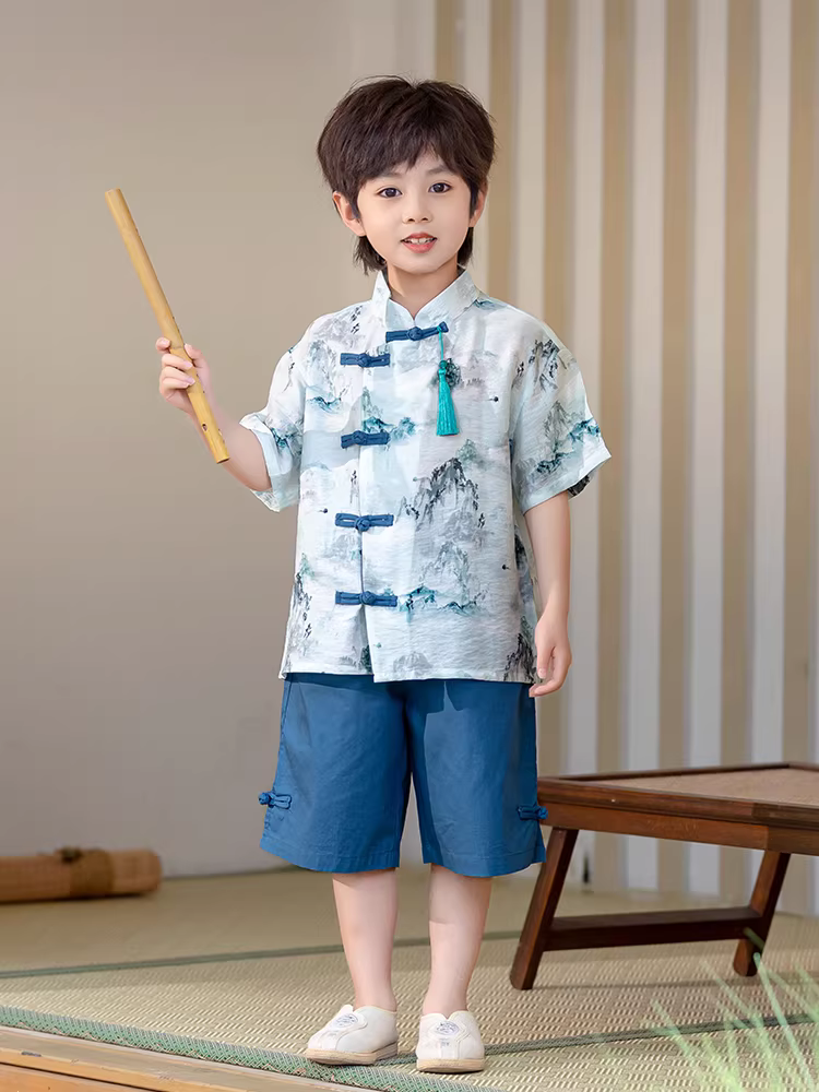 Bộ trang phục mùa hè Hanfu cho bé trai năm 2025 kiểu mới, phong cách quý ông nhỏ, kiểu Trung Hoa, đồ Tang, chất liệu mỏng, kiểu Trung Hoa mới, trang phục lễ phục cho bé