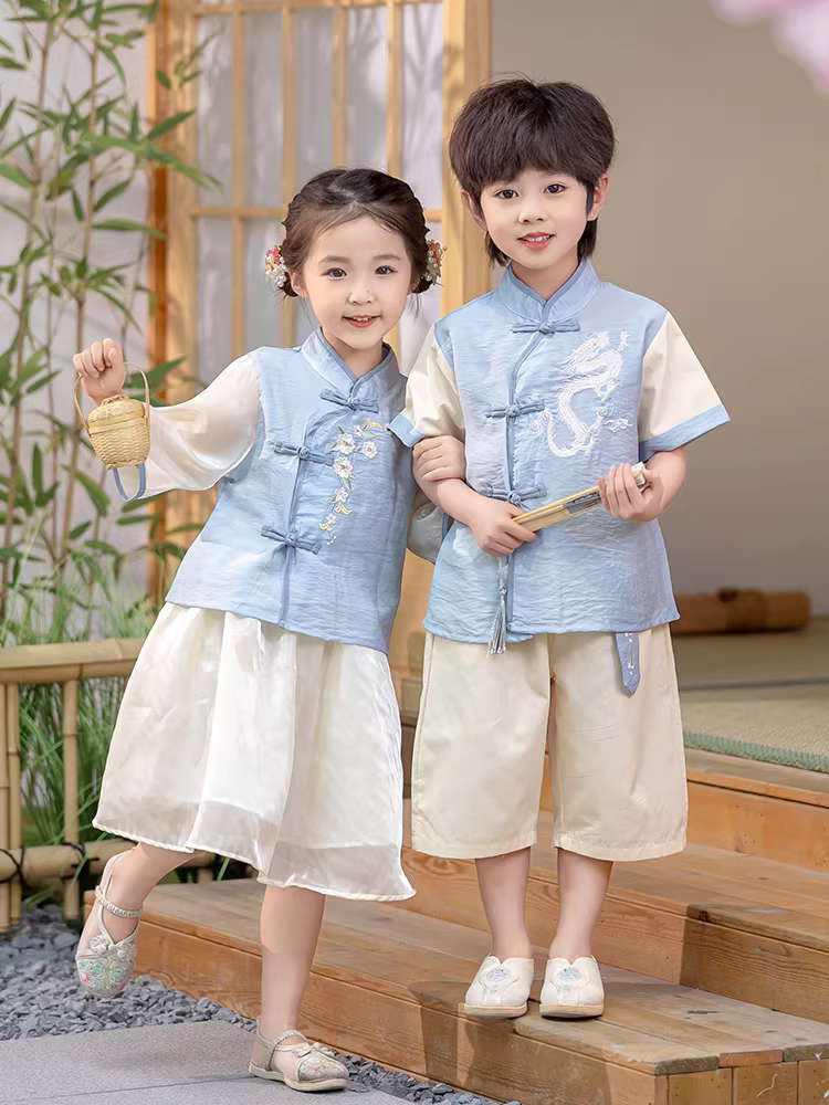 Hanfu trẻ em cho cả bé trai và bé gái, trang phục biểu diễn mùa hè mỏng nhẹ, kiểu mới 2025, trang phục truyền thống Trung Hoa kiểu Tang cho bé, trang phục Trung Hoa cải tiến.