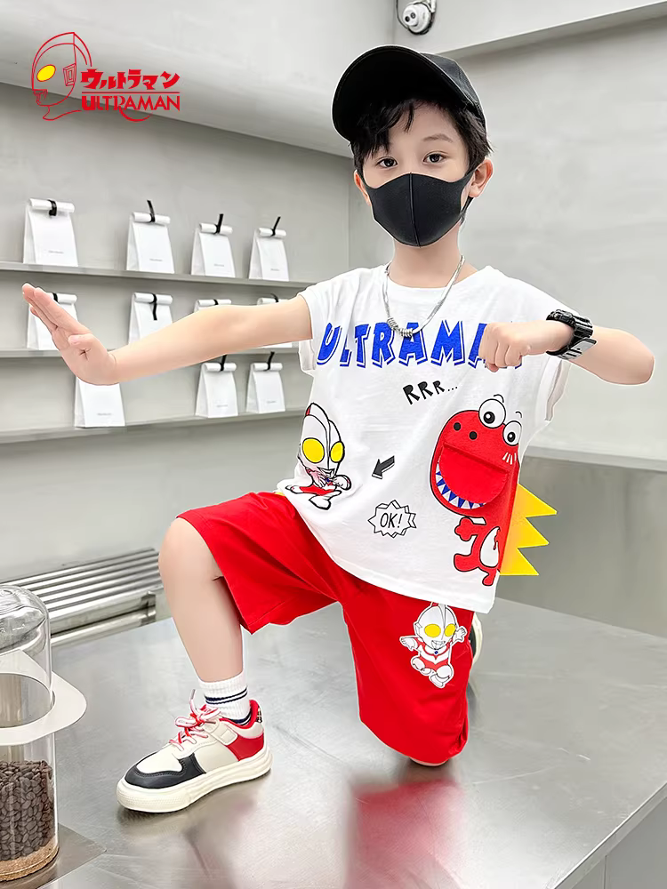 Bộ đồ hè bé trai tay ngắn kiểu mới 2025, thời trang, bộ quần áo Ultraman