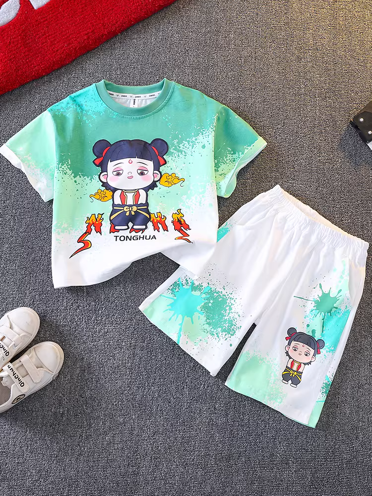 Bộ đồ hè Nezha cho bé trai năm 2025, kiểu dáng thời trang và sành điệu, bộ hai mảnh ngắn tay hợp xu hướng