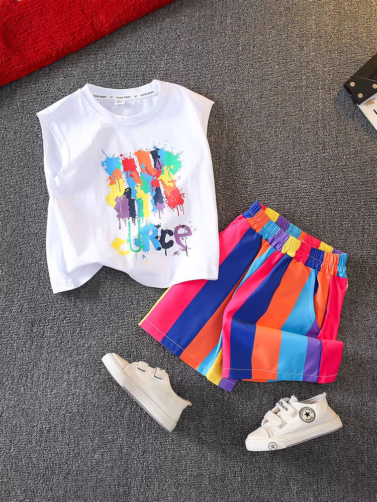 Bộ vest hè cho bé trai 2025, quần áo hè thời trang mới cho bé trai, bộ hai mảnh không tay, quần đùi trẻ em, kiểu dáng hợp xu hướng