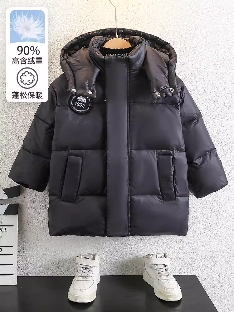 Áo khoác phao bé trai mùa đông 2025 kiểu mới thời trang dày dặn áo khoác mùa đông trẻ em bé trai dài trung bình hợp thời trang