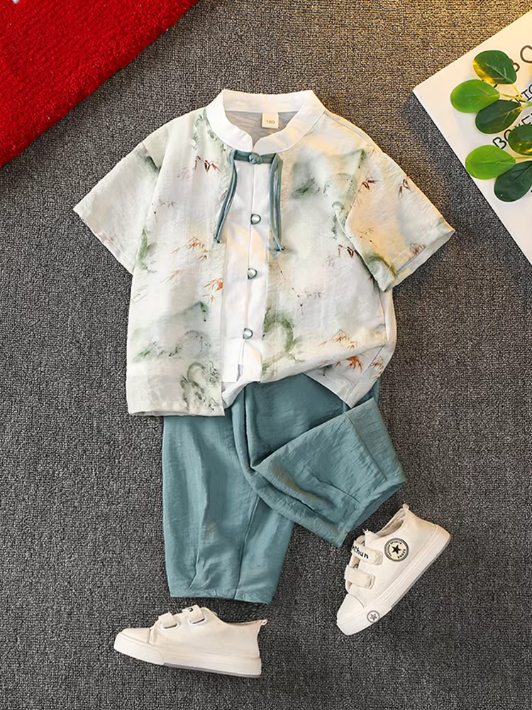 Trang phục truyền thống mùa hè của bé trai Hanfu trang phục truyền thống mùa hè kiểu Trung Quốc mới dành cho trẻ em kiểu Trung Quốc mới tay ngắn đẹp trai của cậu bé trong lễ Tết Trung thu Trang phục truyền thống Trung Quốc kiểu Đường