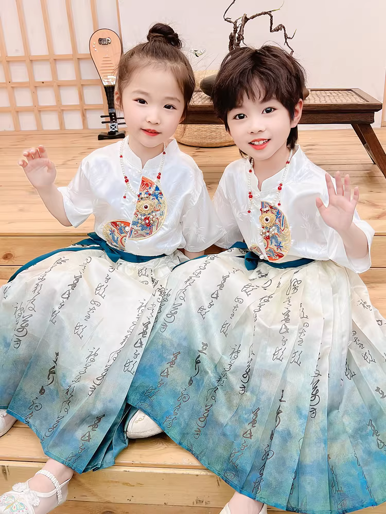 Váy hình mặt ngựa cho trẻ em, bộ đồ Tang phong cách Trung Hoa cho bé trai và bé gái, bộ quần áo dân tộc kiểu cổ mỏng ngày 3 tháng 3 cho bé