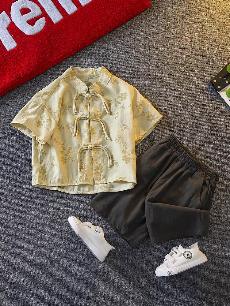 Bộ đồ mùa hè kiểu Trung Quốc mới năm 2025 dành cho bé trai, áo Hanfu ngắn tay, trang phục mùa hè thường ngày trẻ em thời trang, bộ đồ hai mảnh kiểu Tang dệt jacquard