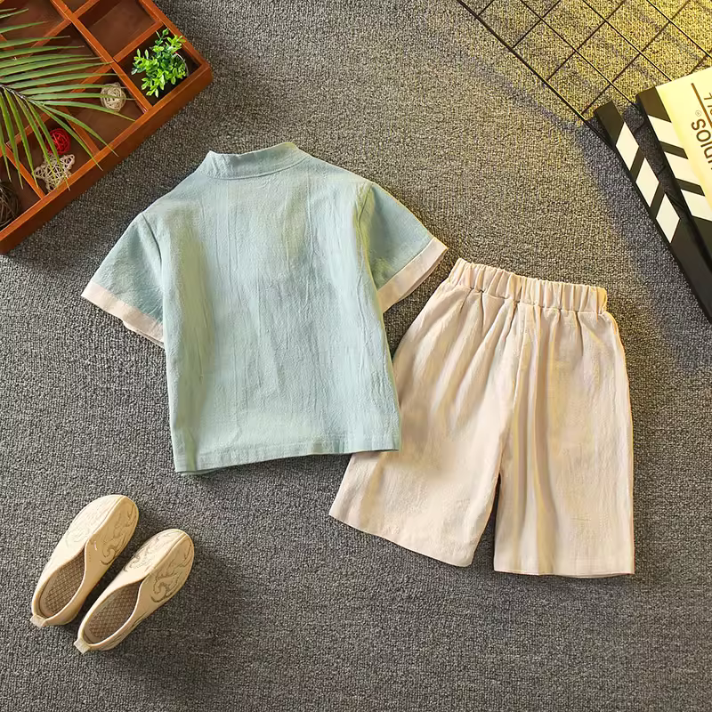 Bộ đồ hai mảnh bằng vải cotton và vải lanh phong cách Trung Quốc mùa hè dành cho bé trai Hanfu dành cho trẻ em Bộ đồ hai mảnh phong cách cổ xưa dành cho bé trai Bộ đồ phong cách cổ đại Tang phù hợp với trang phục biểu diễn trang trọng
