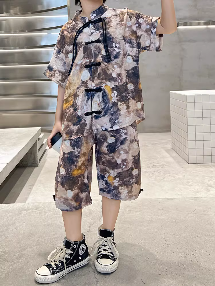 Bộ trang phục Hanfu mùa hè cho bé trai, bộ quần áo mùa hè kiểu mới 2025, trang phục truyền thống Trung Hoa cho trẻ em, quần áo thời trang ngắn tay cho bé trai đẹp trai