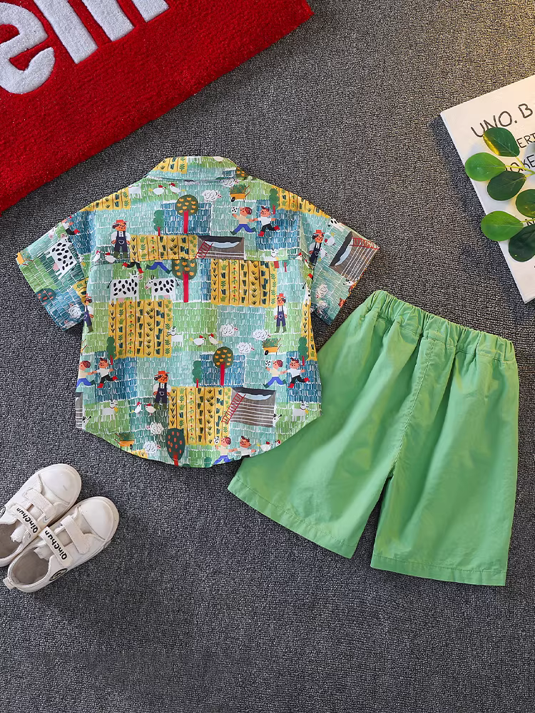 Bộ trang phục hè 2025 cho bé trai, quần áo trẻ em mới, kiểu dáng mùa hè ngắn tay, mát mẻ và đẹp trai, áo sơ mi hè thời trang cho bé trai, bộ sản phẩm hợp xu hướng