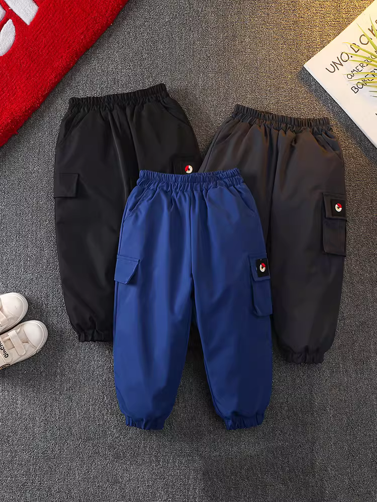 Quần lông vũ cho bé trai năm 2025, dùng cho hoạt động ngoài trời, quần cargo dày dặn chống thấm nước có lưng thun, quần lông vũ trắng giữ ấm mùa đông cho trẻ em