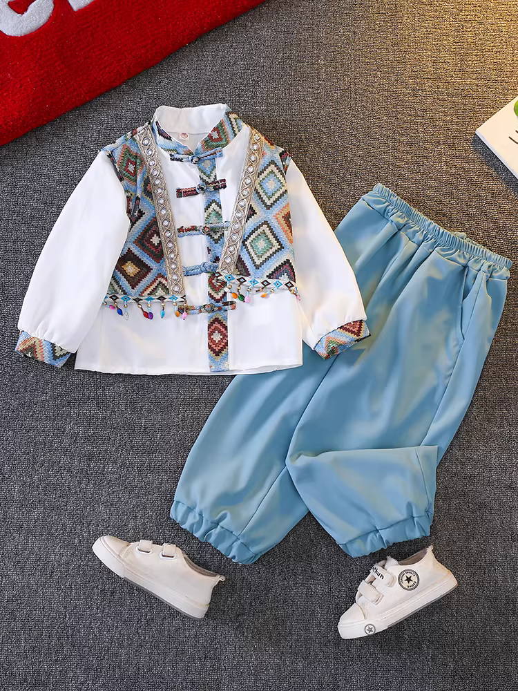 Bộ trang phục Hanfu Xuân Thu cho bé trai 2025, phong cách biểu diễn dân tộc, kiểu mới, phong cách Trung Hoa mới, trang phục truyền thống cho trẻ em