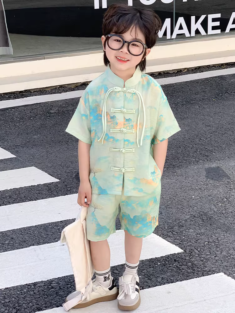 Quần áo trẻ em trai, trang phục Hanfu mùa hè 2025 kiểu mới, phong cách cổ điển, trang phục mùa hè kiểu Đường, phong cách mùa hè cho bé trai lớn, phong cách Trung Hoa