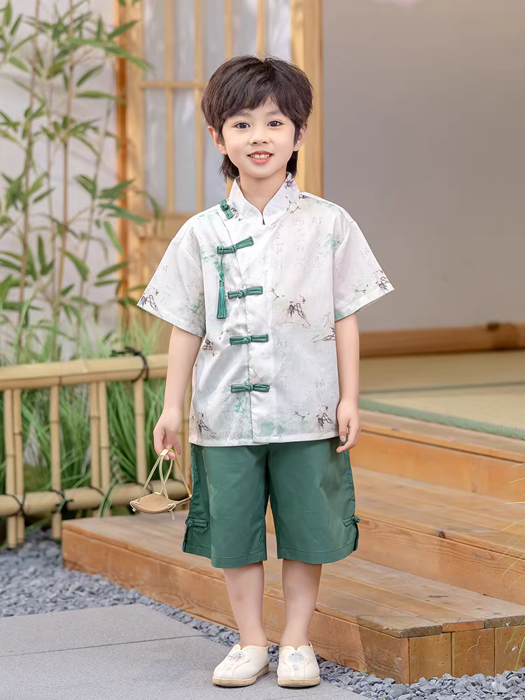 Bộ đồ kiểu Trung Hoa mới cho bé trai mùa hè 2025, trang phục phong cách dân tộc mới cho trẻ em, quần áo ngắn tay mùa hè cho bé trai