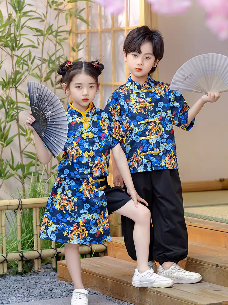 Quần áo trẻ em cho bé trai và bé gái, bộ đồ Hanfu mùa hè, kiểu mới 2025, trang phục phong cách Trung Hoa, trang phục biểu diễn phong cách dân tộc Trung Hoa mùa hè