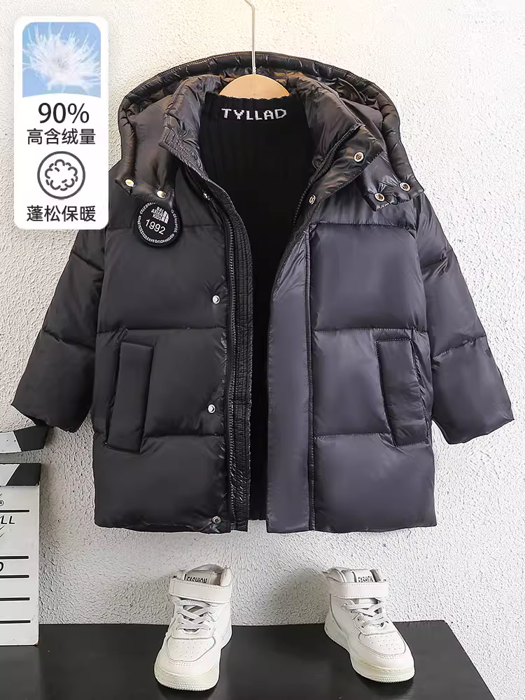 Áo khoác phao bé trai mùa đông 2025 kiểu mới thời trang dày dặn áo khoác mùa đông trẻ em bé trai dài trung bình hợp thời trang