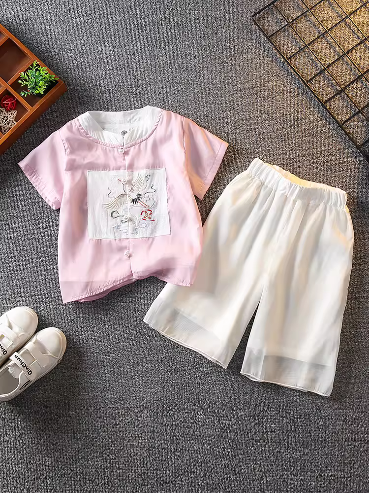 Hanfu trang phục biểu diễn phong cách Trung Hoa dành cho bé trai, trang phục phong cách nhà Đường dành cho trẻ em, trang phục cổ xưa mùa hè cho bé, bộ đồ ngắn tay kiểu mỏng, trang phục truyền thống Trung Quốc
