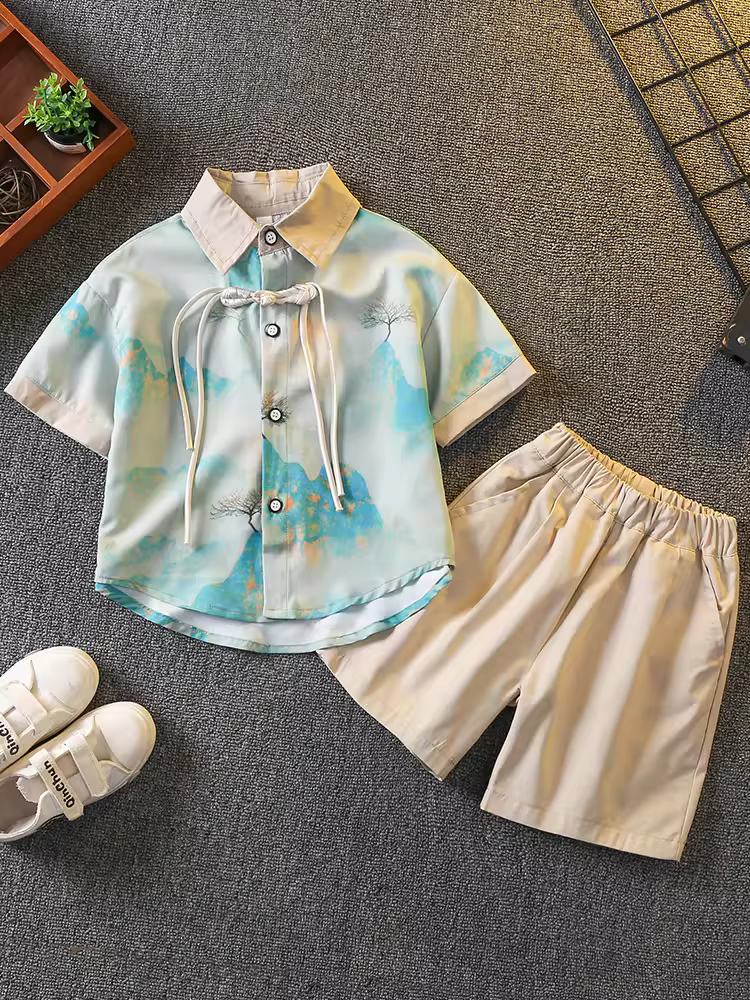 Bộ quần áo mùa hè ngắn tay cho bé trai 2025 kiểu Trung Quốc mới, chất liệu mỏng, kiểu áo Tang, trang phục mùa hè cho trẻ em nổi tiếng trên mạng