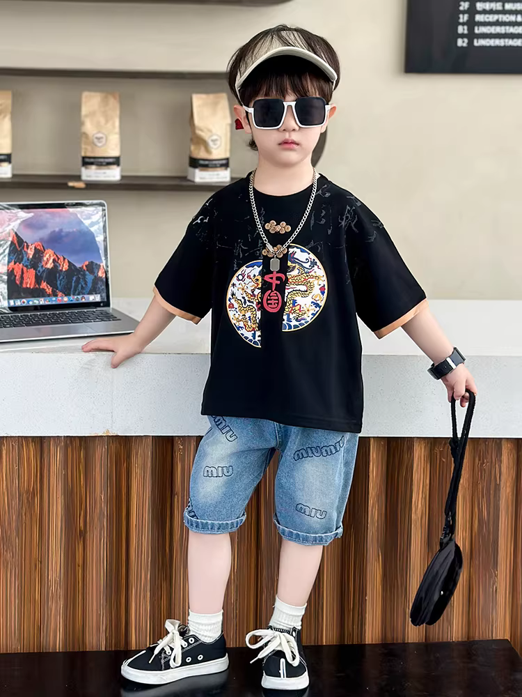 Bộ vest ngắn tay mùa hè cho bé trai kiểu mới 2025, trang phục trẻ em phong cách Trung Hoa mới, bé trai đẹp trai, thời trang trẻ em