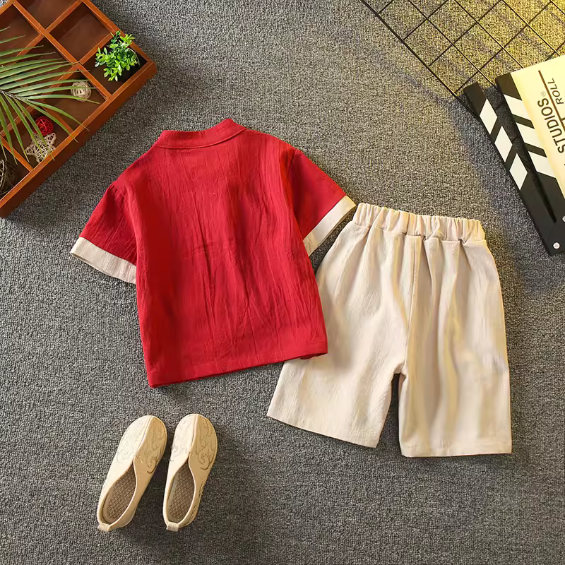 Bộ đồ hai mảnh bằng vải cotton và vải lanh phong cách Trung Quốc mùa hè dành cho bé trai Hanfu dành cho trẻ em Bộ đồ hai mảnh phong cách cổ xưa dành cho bé trai Bộ đồ phong cách cổ đại Tang phù hợp với trang phục biểu diễn trang trọng
