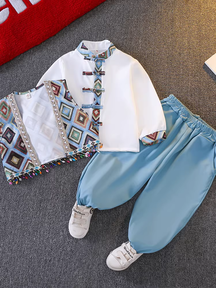 Bộ trang phục Hanfu Xuân Thu cho bé trai 2025, phong cách biểu diễn dân tộc, kiểu mới, phong cách Trung Hoa mới, trang phục truyền thống cho trẻ em