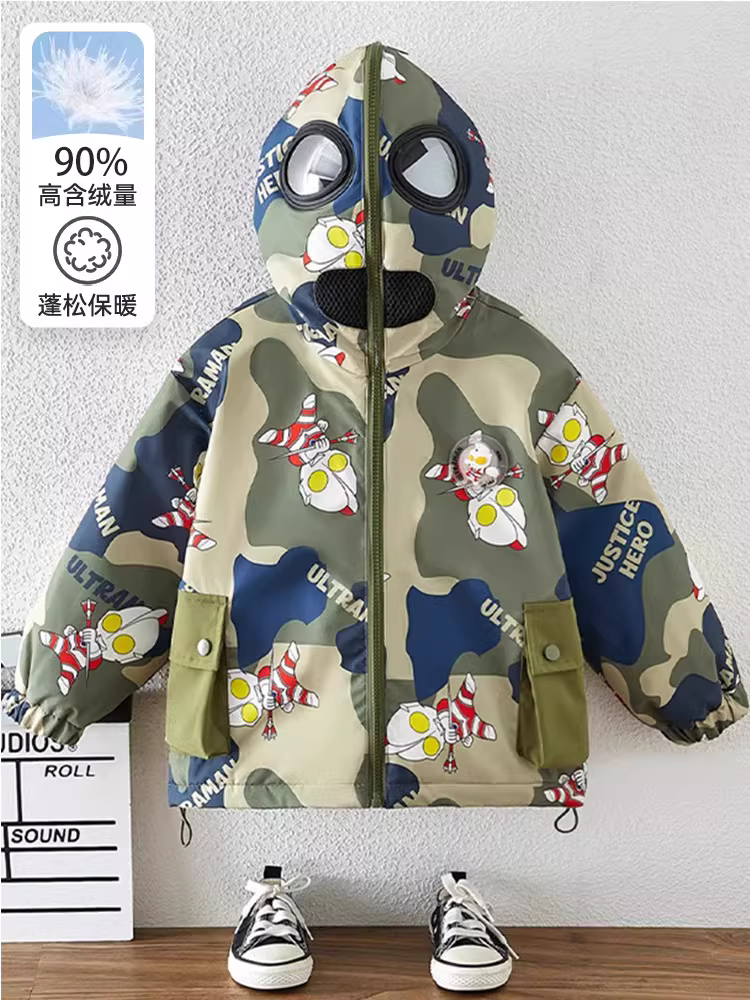 Áo khoác lông vũ Ultraman cho bé trai, mẫu mới 2025, áo khoác mùa đông dày dặn, quần áo mùa đông lông vịt cho trẻ em.