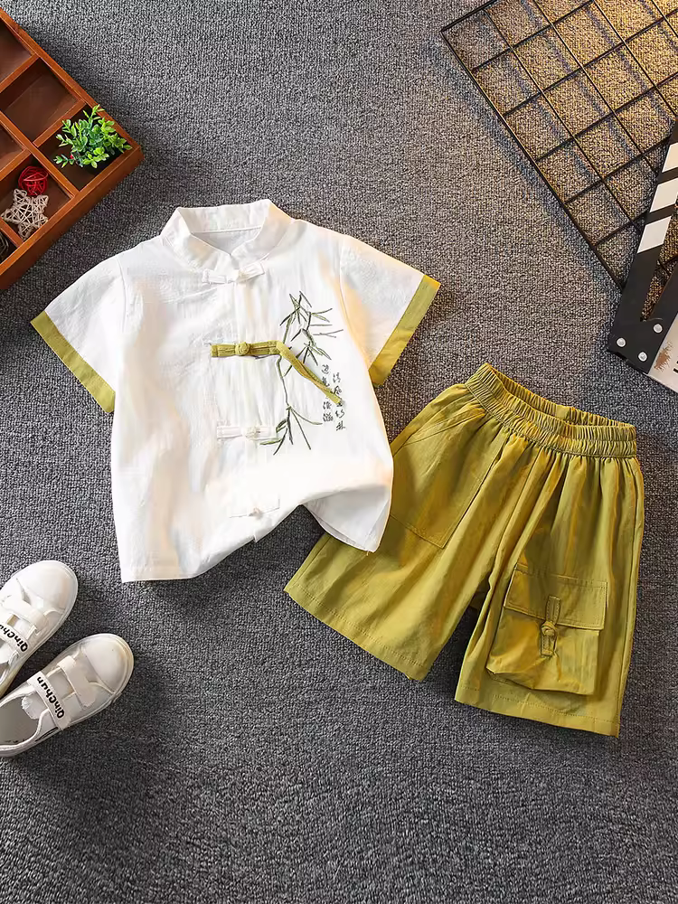 Hanfu trang phục biểu diễn phong cách Trung Hoa dành cho bé trai, trang phục phong cách nhà Đường dành cho trẻ em, trang phục cổ xưa mùa hè cho bé, bộ đồ ngắn tay kiểu mỏng, trang phục truyền thống Trung Quốc