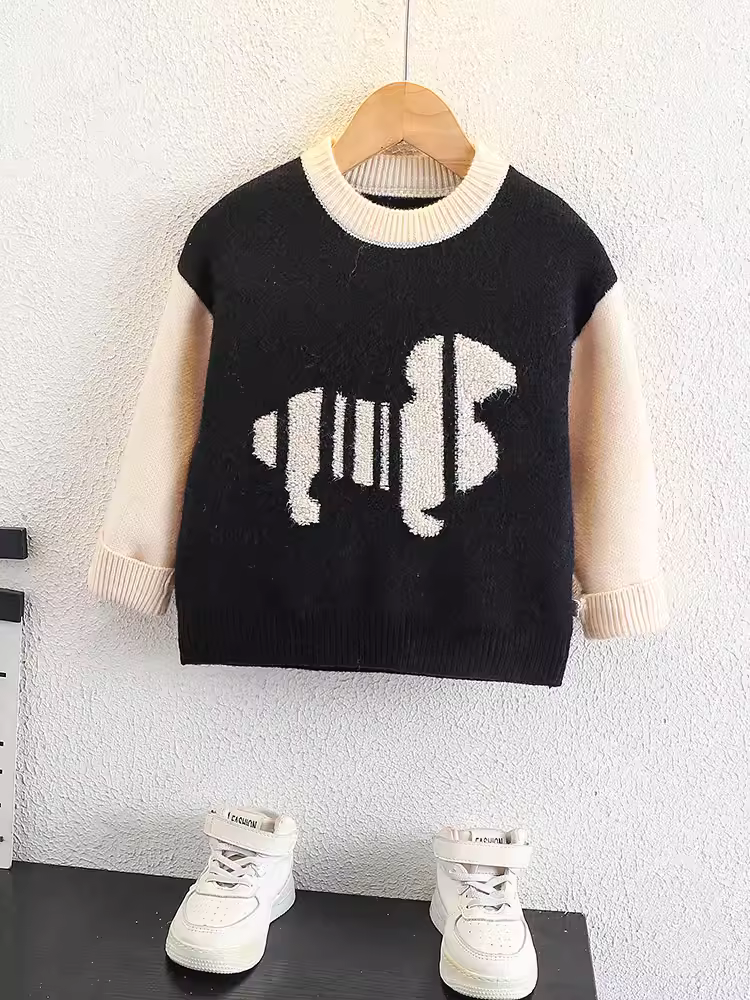 Áo len bé trai 2025 mẫu mới thu đông, áo len trẻ em cổ tròn họa tiết hoạt hình dày dặn, áo len dệt kim bé trai