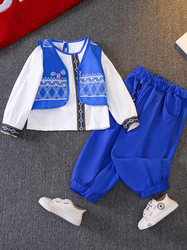 Bộ trang phục xuân thu cho bé trai 2025, quần áo dân tộc mới, trang phục dân tộc Miao, bộ đồ dài tay, quần áo trẻ em