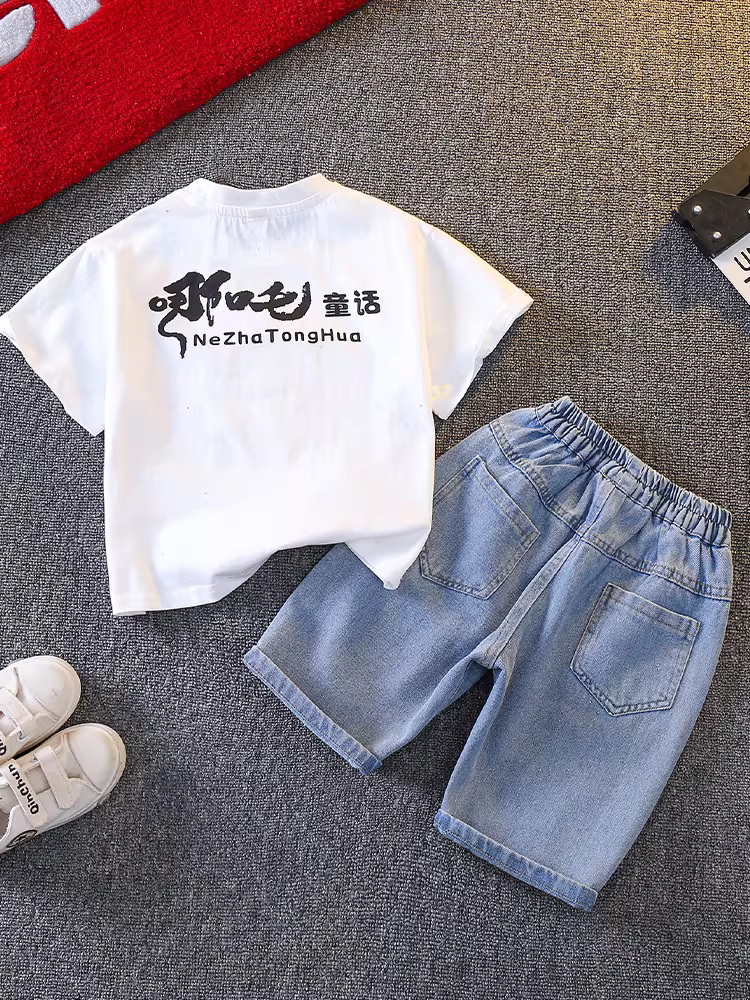 Trang phục mùa hè cho bé trai, trang phục Nezha sành điệu, mẫu mới 2025, trang phục mùa hè mỏng mát mẻ hợp thời trang dành cho trẻ em.