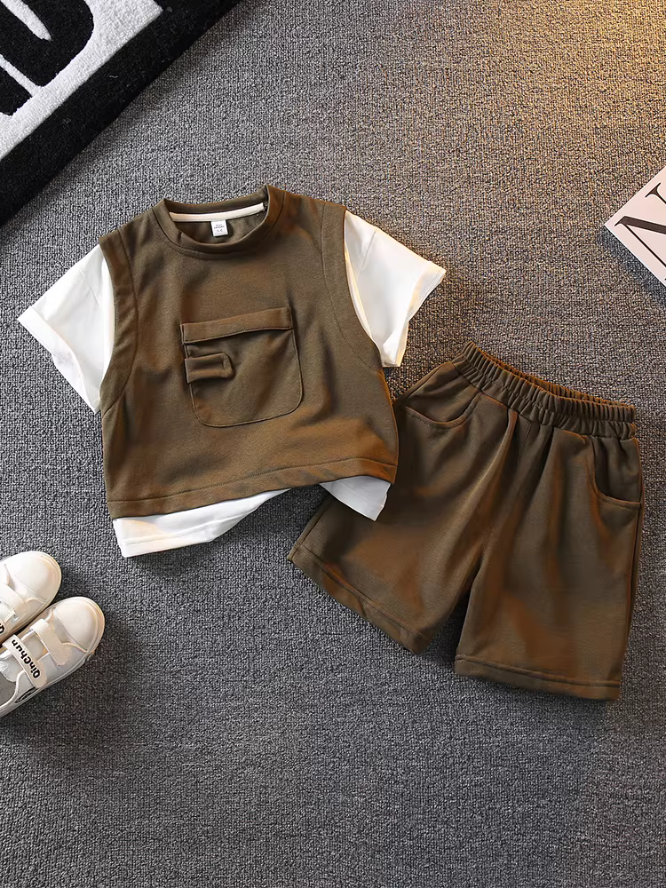 Quần áo trẻ em bộ vest ngắn tay bé trai 2025 mẫu mới thời trang trẻ em thương hiệu thời trang hè quần áo bé trai mát mẻ phong cách đường phố