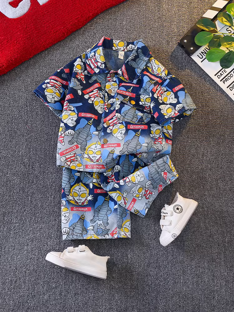 Bộ áo sơ mi denim cho bé trai, trang phục mùa hè thời trang trẻ em, thời trang đường phố mát mẻ cho bé Quần áo Ultraman