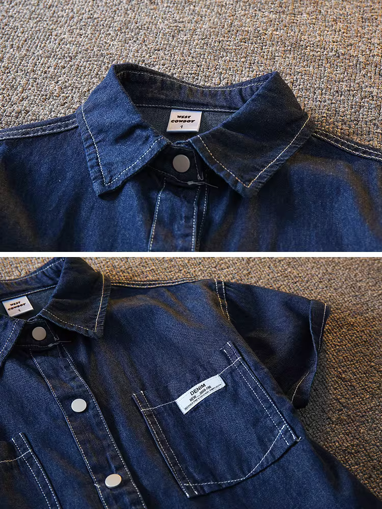 Bộ đồ bé trai hè 2025 mới thoáng mát, bộ trang phục hè bé trai chất liệu denim, áo ngắn tay hai mảnh, kiểu dáng thời trang