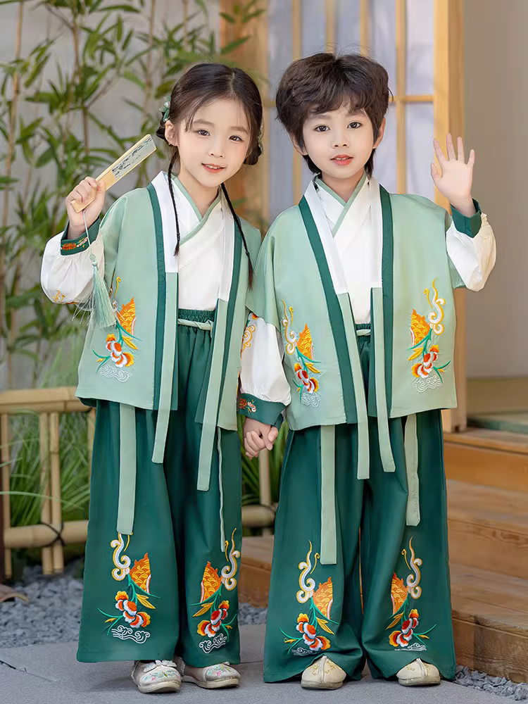 Bộ ba món mùa xuân thu của bé trai Hanfu Bộ đồ ba món phong cách Trung Hoa phong cách nhà Đường dành cho bé gái phong cách cổ xưa siêu cổ tích Trang phục biểu diễn truyền thống ngày Tết Trung thu dành cho trẻ em