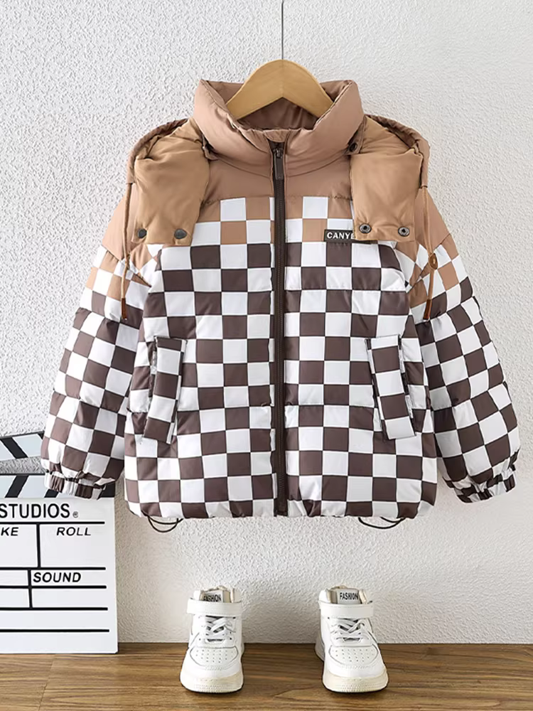 Áo khoác phao dày mùa đông cho bé trai 2025, quần áo mùa đông trẻ em mới, áo khoác có mũ, áo khoác ngắn thời trang cho bé trai, kiểu dáng hợp xu hướng