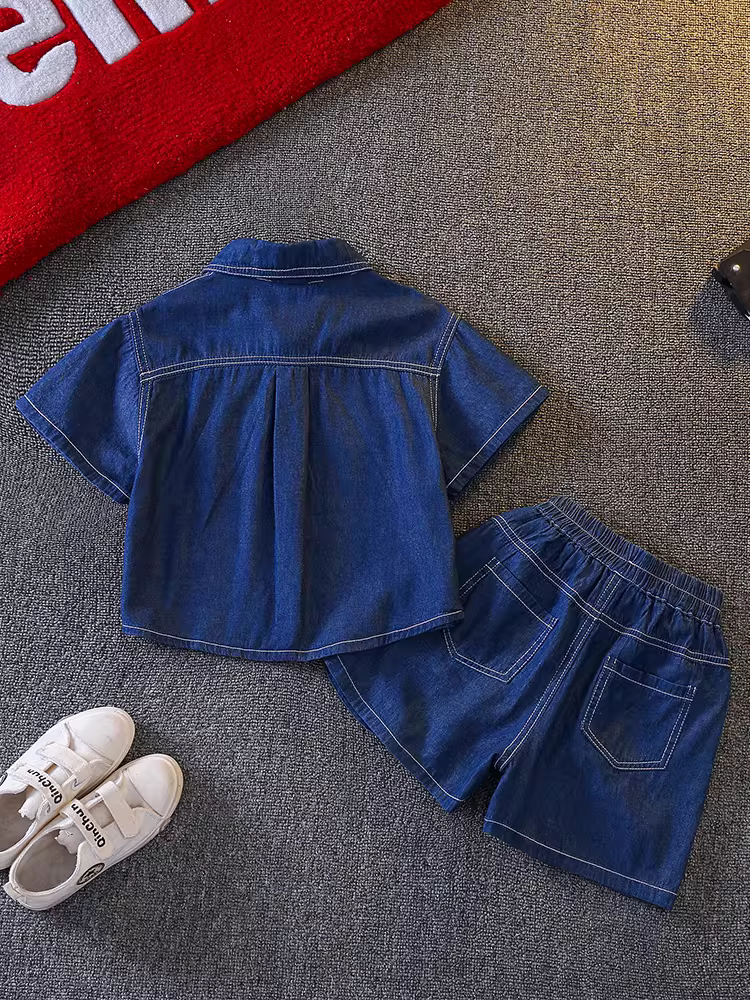 Bộ đồ denim trẻ em hè 2025 kiểu mới, thời trang cho bé trai, bộ hai mảnh tay ngắn, áo khoác denim đẹp trai cho bé trai
