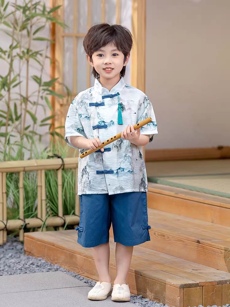 Bộ trang phục mùa hè Hanfu cho bé trai năm 2025 kiểu mới, phong cách quý ông nhỏ, kiểu Trung Hoa, đồ Tang, chất liệu mỏng, kiểu Trung Hoa mới, trang phục lễ phục cho bé