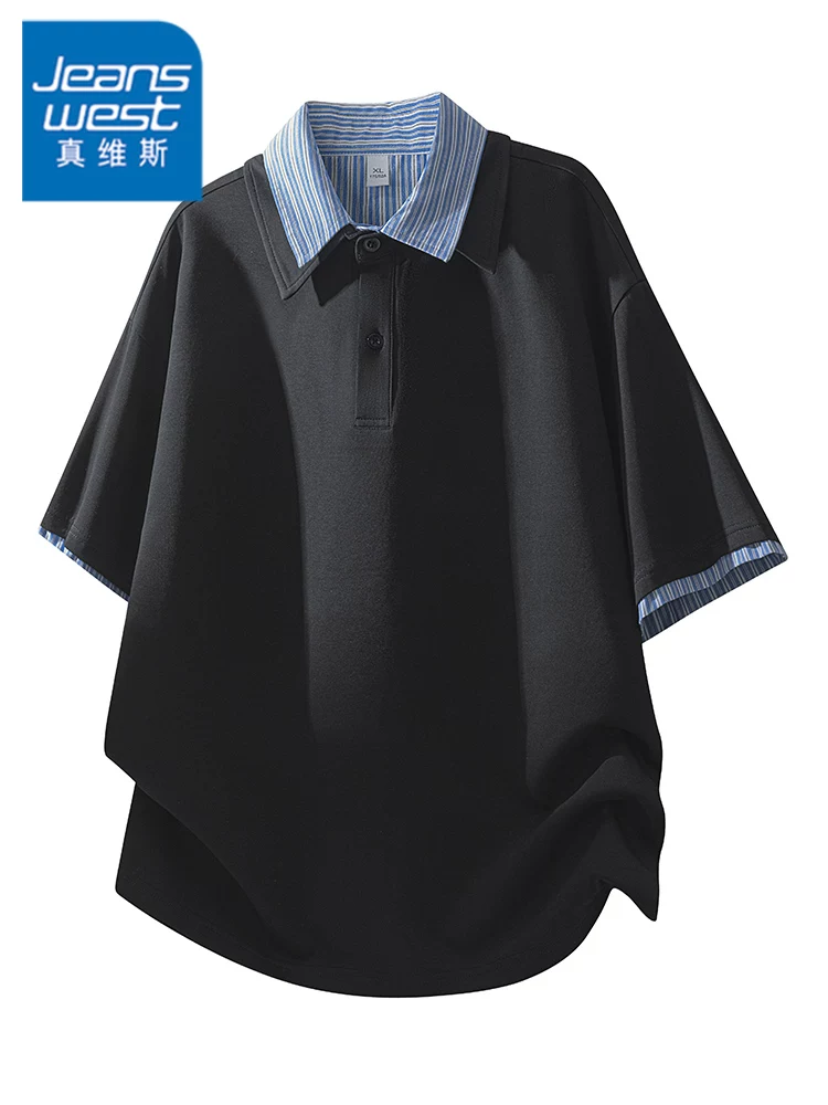 Áo polo ngắn tay giả hai mảnh sọc phối vải của Jeanswest dành cho nam, áo mùa xuân hè rộng rãi, thoải mái, thoáng khí.