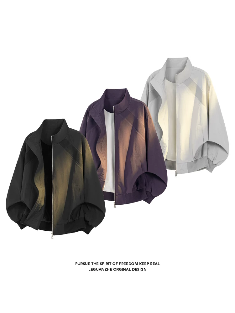 Áo khoác phi công màu trơn phong cách Mỹ của Jeanswest dành cho nam, mùa xuân thu, áo khoác ngoài cổ đứng dáng rộng cao cấp.