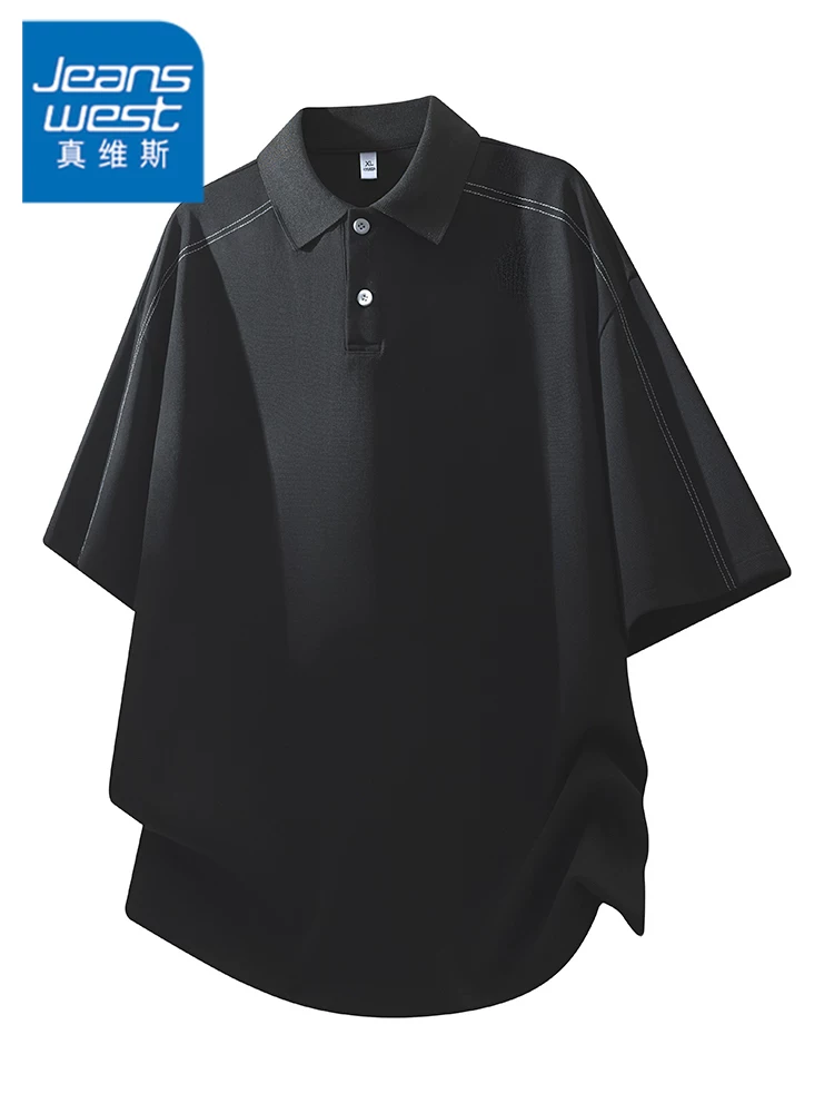 Áo thun ngắn tay kiểu Mỹ thời trang của Jeanswest dành cho nam, kiểu dáng rộng rãi mùa xuân hè, áo polo đen thường ngày.