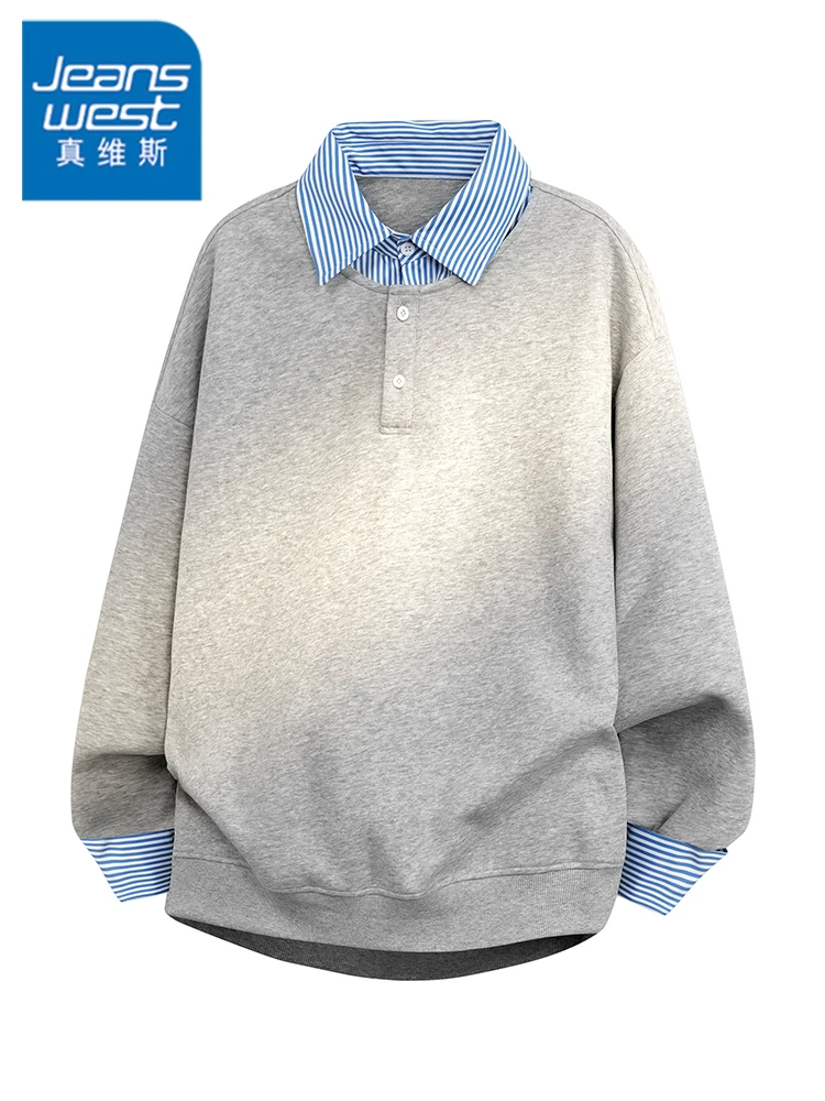 Áo nỉ sọc giả hai mảnh phong cách Mỹ của Jeanswest dành cho nam, mùa xuân thu, thương hiệu thời trang cao cấp, áo dáng rộng thoải mái.