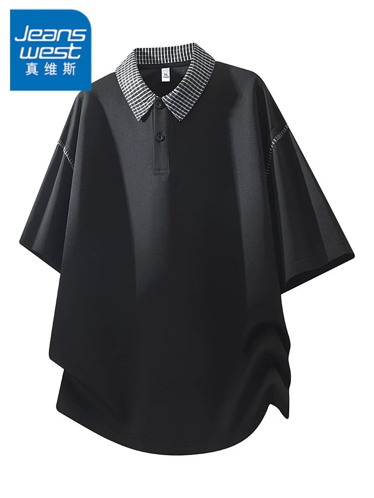 Áo thun kẻ sọc giả hai mảnh có cổ bẻ của Jeanswest dành cho nam, mùa xuân hè, tay lửng, dáng rộng, kiểu dáng giản dị, thoáng khí.