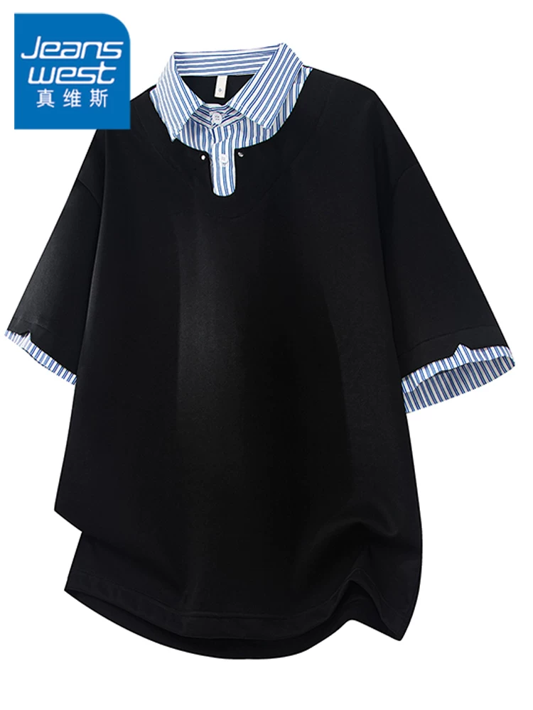 Áo polo kẻ sọc giả hai lớp phong cách Mỹ của Jeanswest dành cho nam, thương hiệu thời thượng, dáng rộng, thoải mái, thoáng khí, thân thiện với làn da.