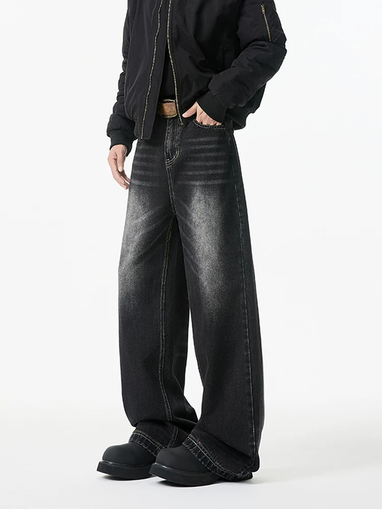Quần jeans đen rách gối dáng rộng dành cho nam, mùa xuân thu, quần dài kiểu Mỹ cao cấp, dáng suông rộng.